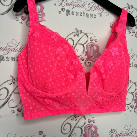 Victoria secret crop tank bra bralette lace neon pink v opening front dotted - Picture 3 of 9